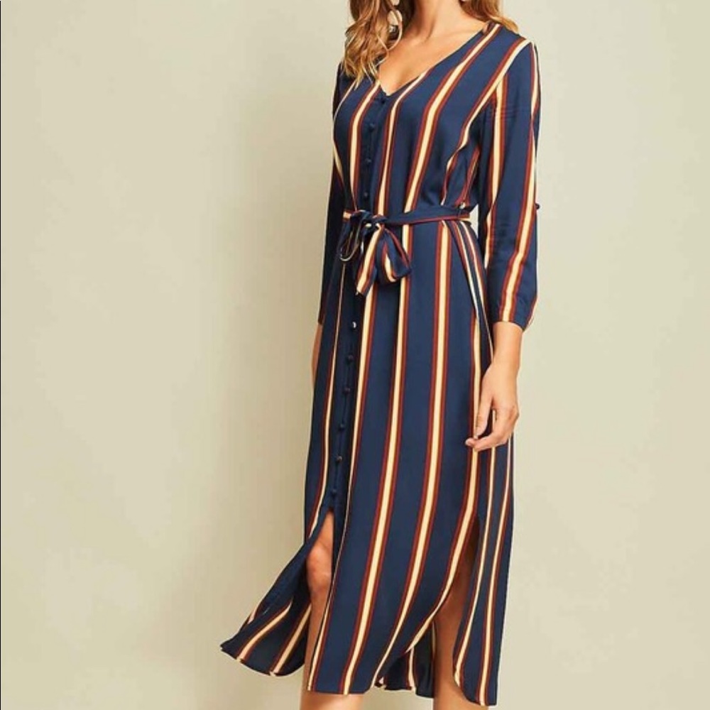 Blue striped 3/4 Sleeve Midi Dress